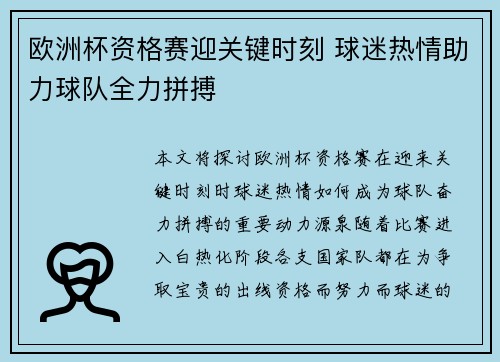 欧洲杯资格赛迎关键时刻 球迷热情助力球队全力拼搏