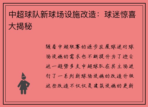 中超球队新球场设施改造：球迷惊喜大揭秘