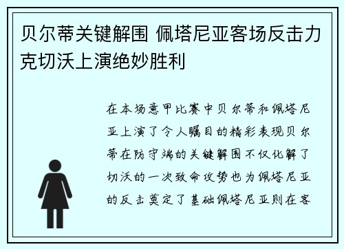 贝尔蒂关键解围 佩塔尼亚客场反击力克切沃上演绝妙胜利